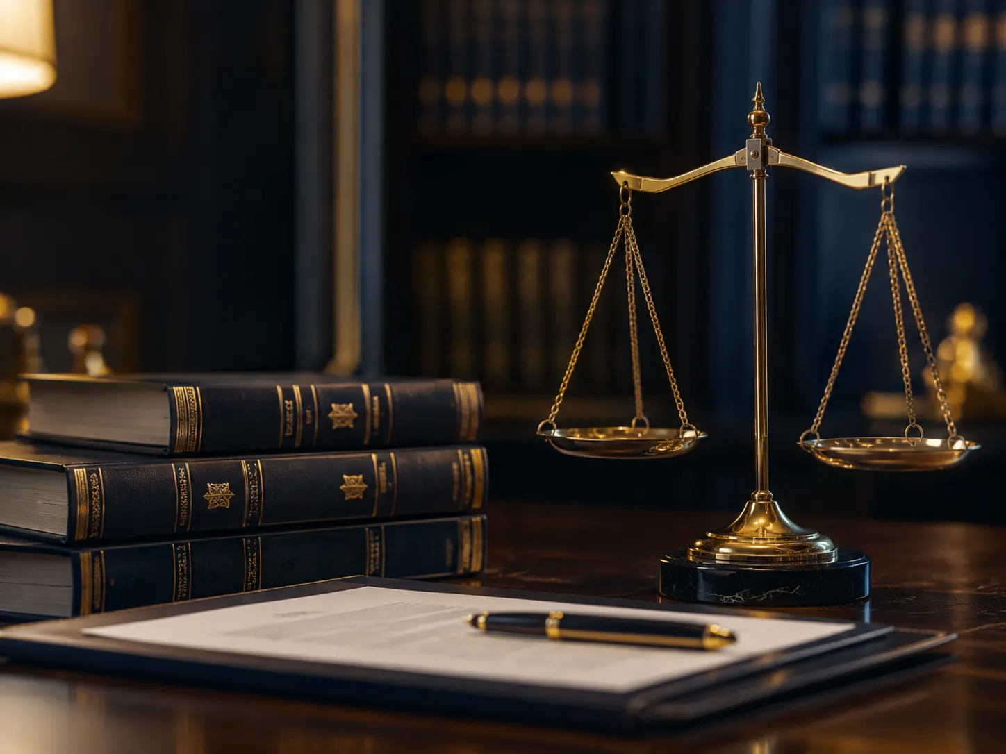 Balança dourada da justiça ao lado de livros de direito