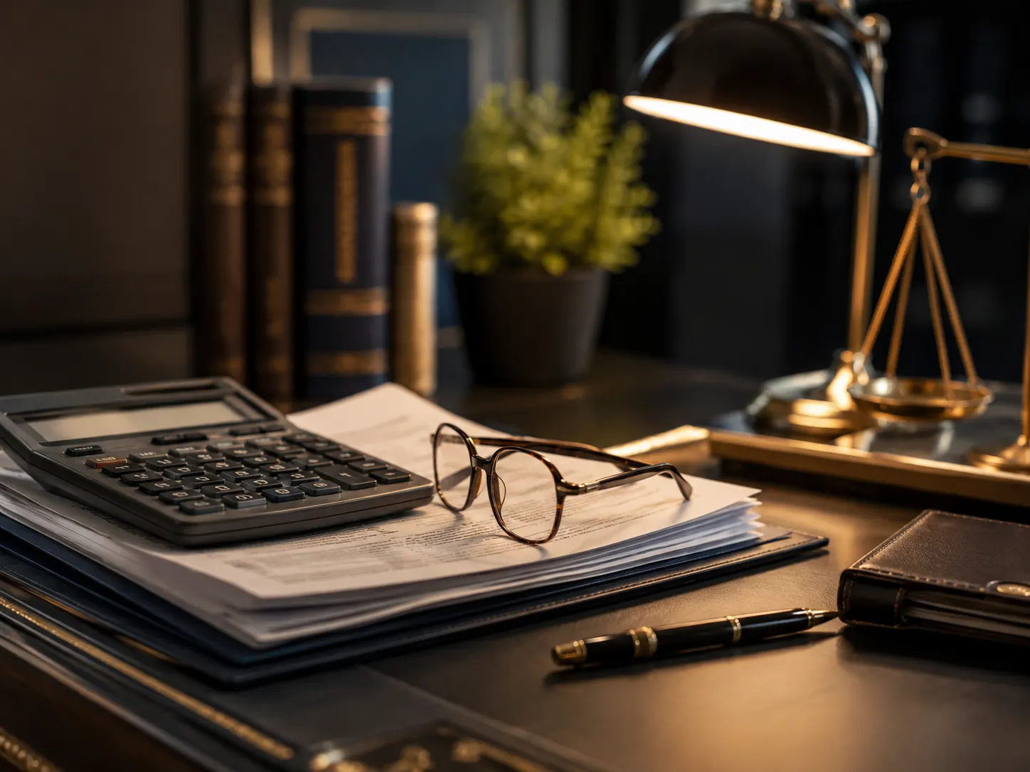 Calculadora, óculos e documentos previdenciários sobre a mesa do escritório
