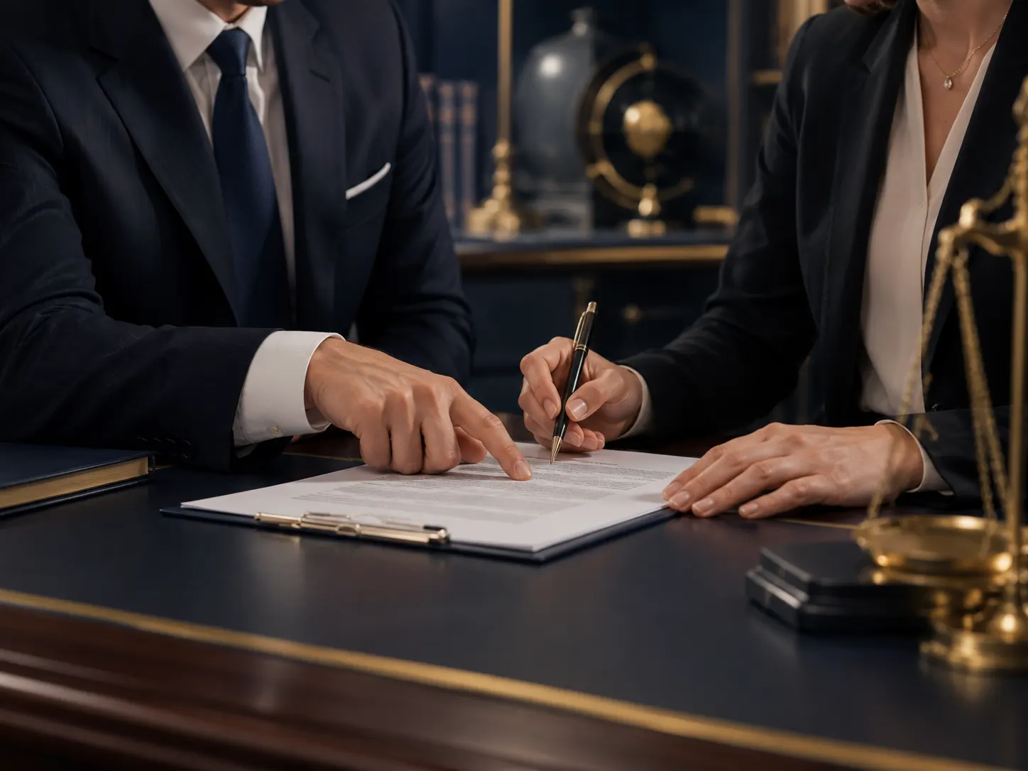 Advogado e cliente assinando um contrato sobre a mesa do escritório