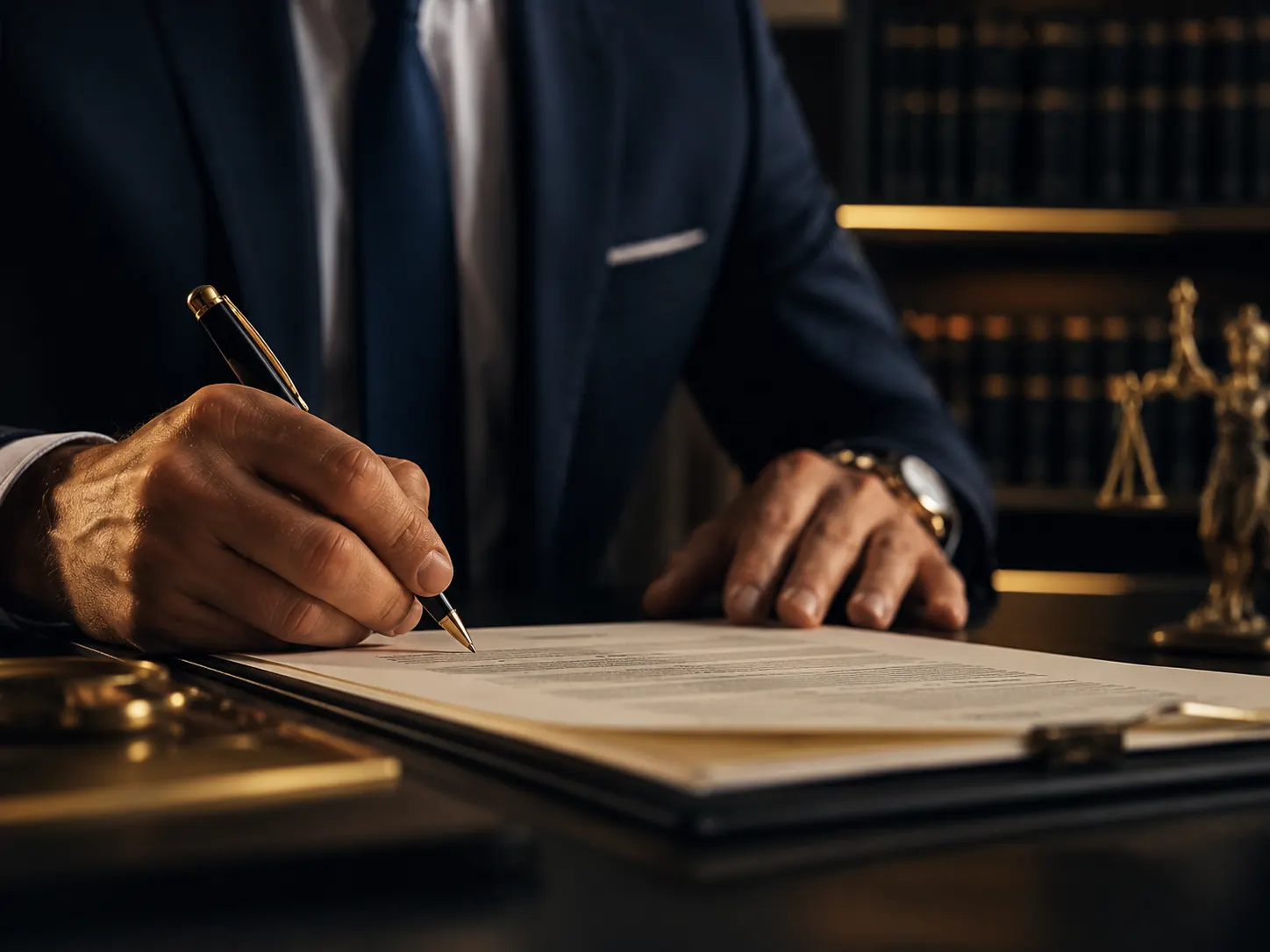 Advogado assinando um contrato com caneta sobre a mesa do escritório