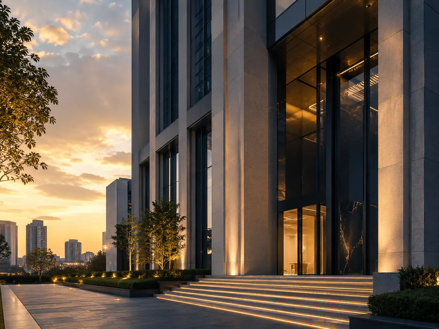 Fachada iluminada de um edifício corporativo ao entardecer